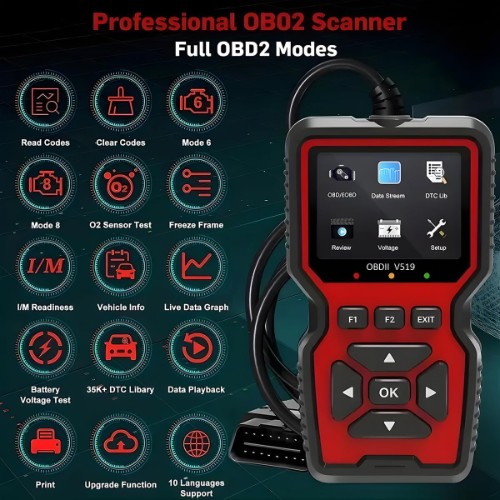 V519 RED Car Diagnostic Scanner Tool – Automotive OBD2 Engine Health Check Code Reader with Color Screen (2026) — image 3