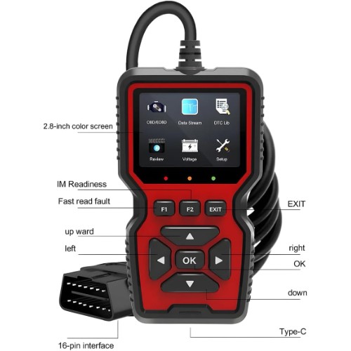 V519 RED Car Diagnostic Scanner Tool – Automotive OBD2 Engine Health Check Code Reader with Color Screen (2026) — image 2
